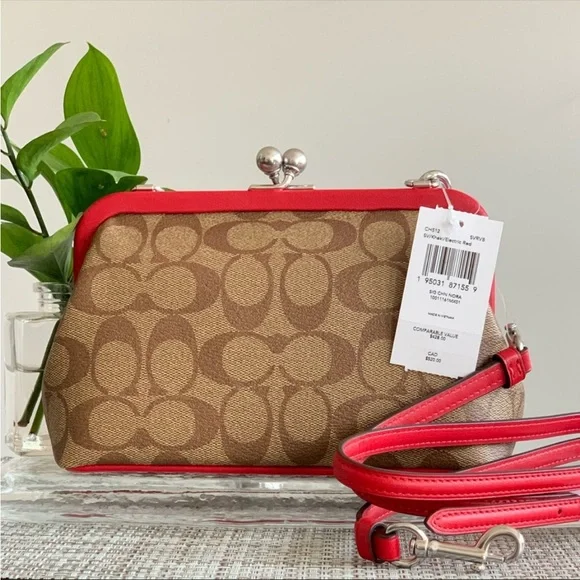 NWT Coach Nora Kisslock Crossbody Bag InSignature Canvas Khaki/Red